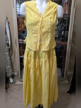 Sleeveless Yellow Eyelet Tiered Skirt Set